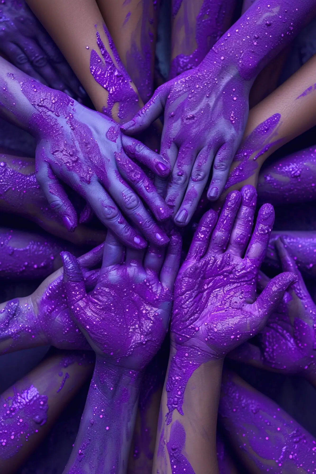 A view of hands with purple paint for a Women's Day celebration