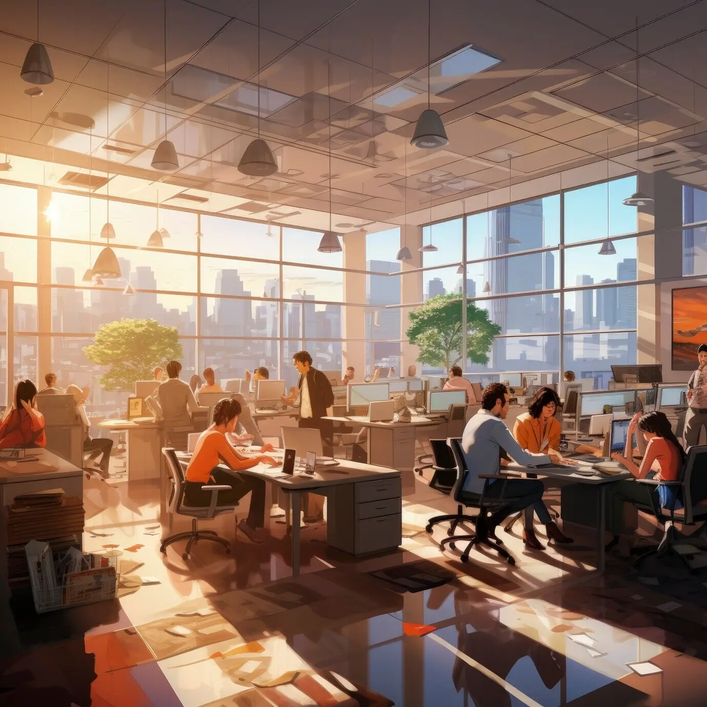 A beautiful cartoon-style office space.